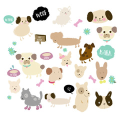 Hand Drawn Dogs Illustration, Vector Design, Puppy, Pet, Animal Graphics, Collection of different dogs drawing
