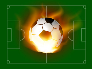 Burning ball on football field background