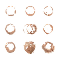 Round brown coffee stains. Traces from the Cup. Vector illustration of dirty. A set of brown spot contours.