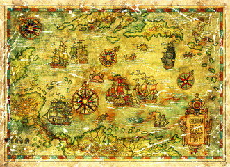 Treasure island map of Caribbean Sea with ships and compasses. Decorative antique background with nautical chart, adventure treasures hunt concept, watercolor hand drawn illustration