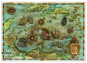 Ancient Caribbean Sea map with pirate ships and islands. Decorative antique background with nautical chart, adventure treasures hunt concept, watercolor hand drawn illustration