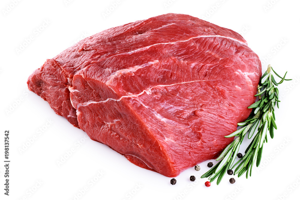 Wall mural raw beef meat, pepper and rosemary isolated on white background.