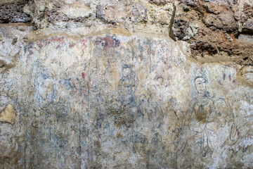 View of wall painting based on Buddhist culture in Ayuttaya period at Wat Ratchaburana which is the ancient Buddhist temple in the Ayutthaya Historical Park, Thailand. 