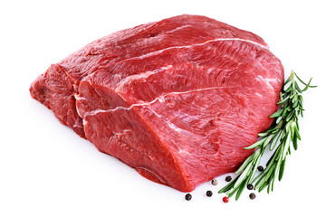 Raw beef meat, pepper and rosemary isolated on white background.