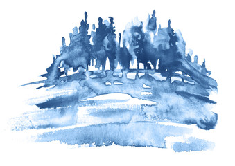 Watercolor landscape, river bank, island, blue silhouette of trees, bushes. watercolor logoowhite isolated background. A blot, a splash, resembles a natural landscape.  Blue color. watercolor logo