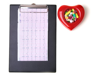 RX prescription, Red heart, asorted pils and a stethoscope on white background