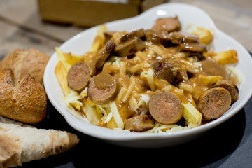 Restaurant dishes salads French fries cutlets olives