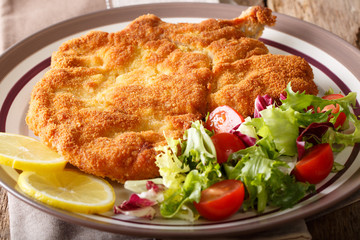 Delicious veal cutlet Milanese with lemon and fresh vegetable salad close-up. horizontal