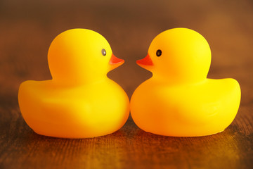 見つめ合うアヒルの人形