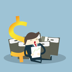 Happy young business man sleep near Big pile of cash money Flat style modern vector illustration