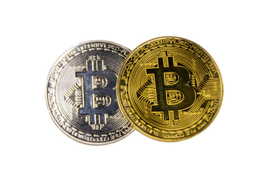 Golden and silver bitcoins isolated on white background