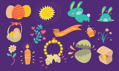 Happy Easter and decorative elements with cute bunny, Easter eggs, flowers vector illustrations.