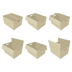 Cardboard box set layout. Realistic illustration 6 cartons layouts for the web. Brown vector delivery set