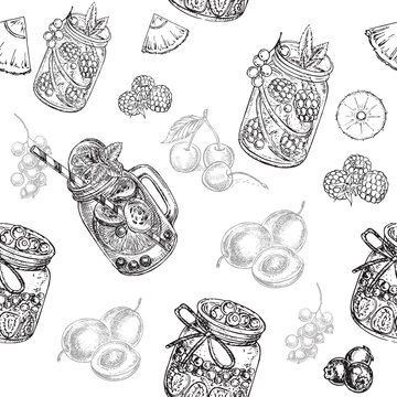 hand drawn sketch jars and fruits seamless pattern