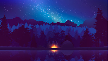 People camping, adventure and travel concept, beautiful forest, mountain and sky, double exposure, vector illustration.
