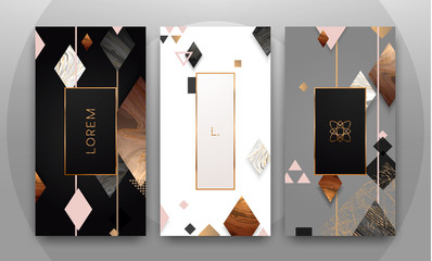 Gold, rose gold, black and white marble template, artistic covers design, colorful texture, geometric backgrounds. Trendy pattern, graphic poster, brochure, cards. Vector illustration.