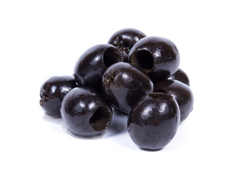 Group of black olives isolated on white background