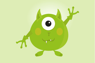 a funny little man, monster, green waving Hello!