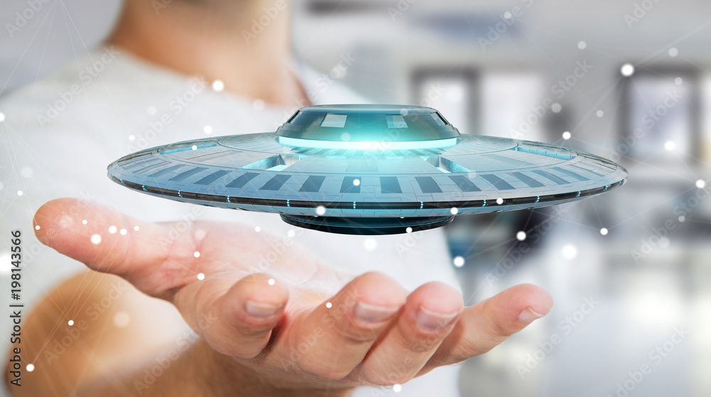 Poster Businessman with retro UFO spaceship 3D rendering