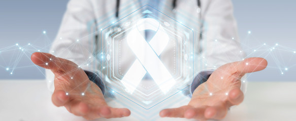 Doctor using digital ribbon cancer interface 3D rendering - obrazy, fototapety, plakaty