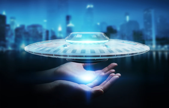 Businesswoman with retro UFO spaceship 3D rendering
