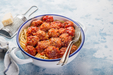 spaghetti pasta with meatballs in tomato sauce