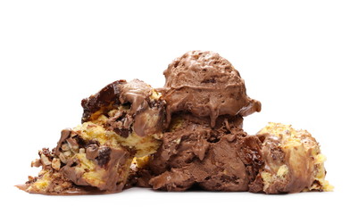 Chocolate ice cream balls, scoops isolated on white background