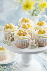 Easter cupcakes decorated with cream cheese frosting and candy eggs