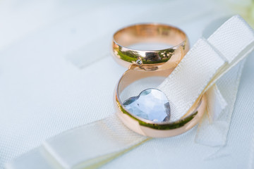 Two gold wedding rings, on white cushion