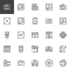 Photography accessories outline icons set. linear style symbols collection, line signs pack. vector graphics. Set includes icons as photo camera, lens, shutter, objective, film strip, aperture