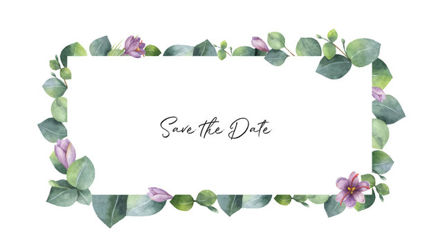 Watercolor vector banner with green eucalyptus leaves, purple flowers and branches.