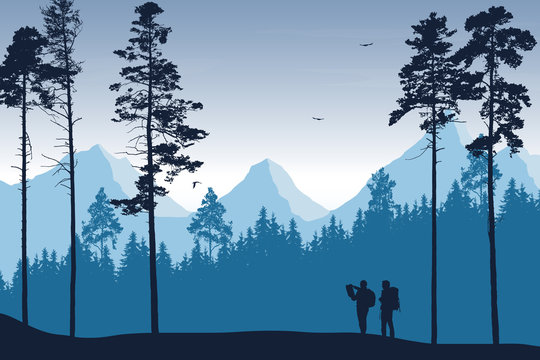 Tourist, man and woman with backpacks and a map looking for a trip in a mountain landscape with forest, trees and flying birds under the sky with clouds