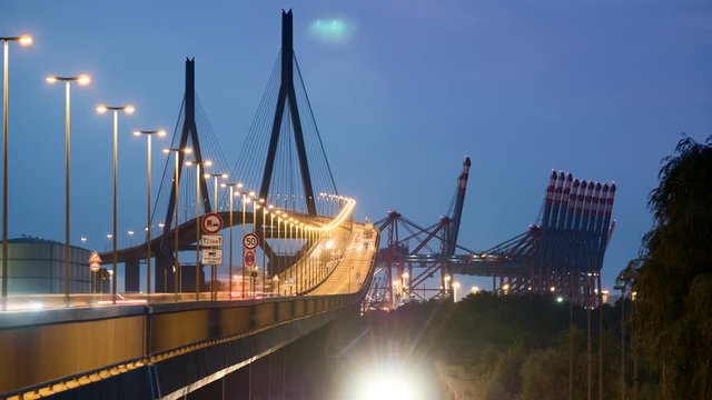 Timelapse of traffic at harbor bridge Koehlbrand in Hamburg, Germany