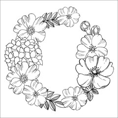 Floral wreath. Black-and-white drawing  of flowers.Vector   illustration.