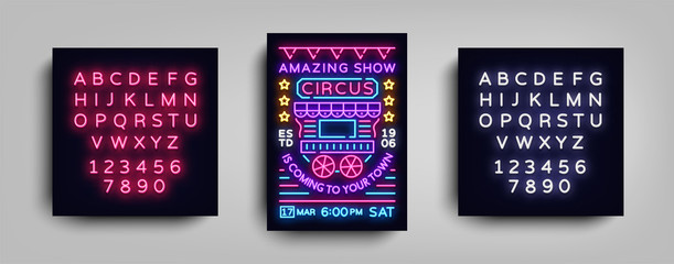 Circus poster design template in neon style. Circus wagon Neon sign, tent, light banner, bright brochure, neon flyer, bright nightlife of Circus show. Vector illustration. Editing text neon sign