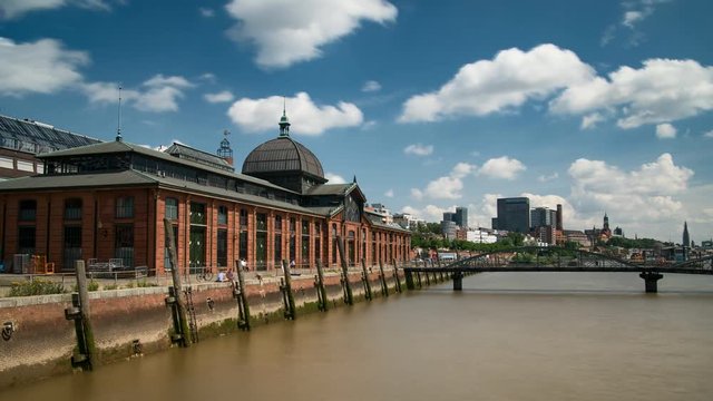 Timelapse of Fish auction hall in Hamburg with river Elbe