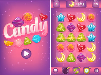 Match Three Game Interface with Candies and Boosters