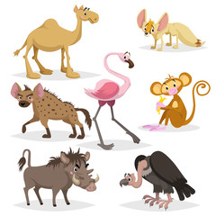 African animals cartoon set. Dromedary camel, vulture, flamingo, hyena, warthog, monkey with banana and african fox fennec. Zoo wildlife collection. Vector illustrations isolated on white background.