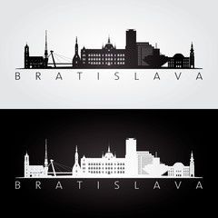 Bratislava skyline and landmarks silhouette, black and white design, vector illustration.