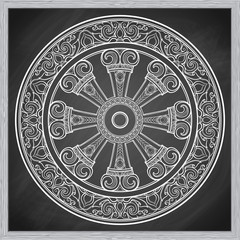 Dharma Wheel, Dharmachakra. Symbol of Buddha's teachings on the path to enlightenment, liberation from the karmic rebirth in samsara. Tattoo design. Chalk on a blackboard imitation. EPS10 vector