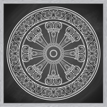 Dharma Wheel, Dharmachakra. Symbol of Buddha's teachings on the path to enlightenment, liberation from the karmic rebirth in samsara. Tattoo design. Chalk on a blackboard imitation. EPS10 vector
