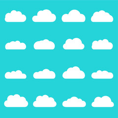 Clouds icon set. Different cloud shapes isolated on the blue sky background. Vector flat style cartoon cloud illustration.