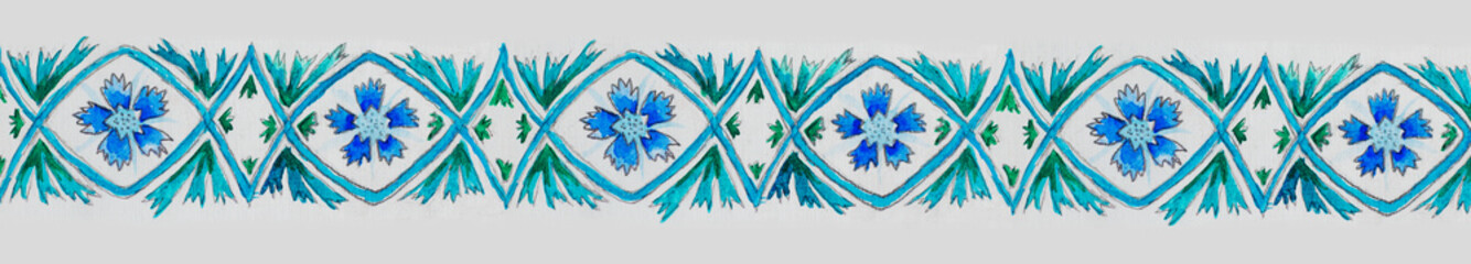 Cornflowers  Painted with pencils and watercolor. Plant stripe design, flowers and leaves. Cornflowers blue flowers. decorative painting on paper.