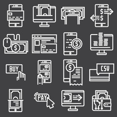 Payments online and mobile banking icons, thin line