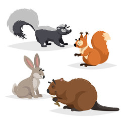 Forest animals set. Skunk, squirrel, hare and beaver. Happy smiling and cheerful characters. Vector zoo illustrations isolated on white background.