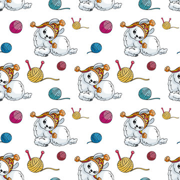 Seamless pattern with the image of cute llamas in doodle style. Colorful vector background