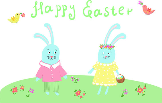 two Easter bunnies congratulating each other on Easter with colored eggs