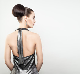 Fashion Portrait of Perfect Woman with Hair Bun Hairstyle. Female Back and Profile Portrait.