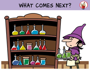 Shelf with potions in the medieval alchemical lab. What comes next? Educational game for children. Cartoon vector illustration