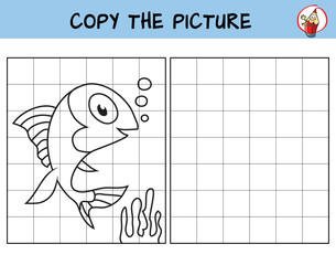 Obraz premium Funny fish. Copy the picture. Coloring book. Educational game for children. Cartoon vector illustration